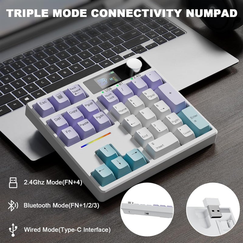 zMAX X BOYI TD31Pro Mechanical Number Pad,30 Keys Hot Swap Wireless BT5.0/2.4GHz/Type-C Wired Numeric Keypad Programmable RGB Gaming Numpad Keyboard with Knob Screen for Laptop/Mac (White-Purple) - Image 5